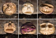 four pictures of pumpkins with faces carved into them, all in different stages of carving