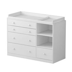 a white dresser with drawers and shelves on the top shelf is shown in front of a white background