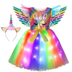 PRICES MAY VARY. LED Light Up Girl Unicorn Costume- Include: 1 LED light up Unicorn dress+ 1 Unicorn headband (Without Lights)+1×Wings(Without Lights). Modern Design: Our Unicorn Costume is handmade, designed with colorful lights that glow in the dark, your girl is sure to stand out from the crowd. Easy to Wear - The unicorn costume top with new Tulle Flying Sleeve and Sleeveless design, and has a unicorn pattern,The back is elastic,so your girls can stretch and move without causing stress on se Girls Unicorn Costume, Girl Unicorn Costume, Girls Mermaid Costume, Led Tutu, Halloween Tutu Dress, Stretch Crochet, Halloween Led Lights, Light Fairy, Unicorn Wings