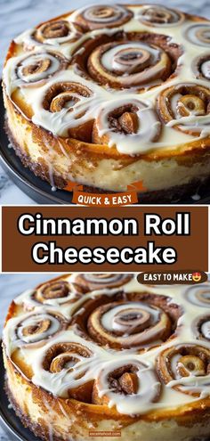 cinnamon roll cheesecake on a plate with the title overlaying it in orange