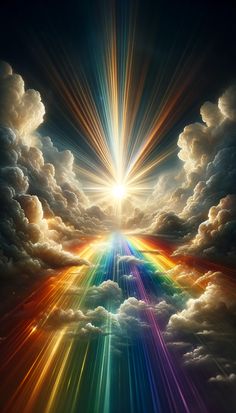 the sun is shining brightly in the sky above clouds and rainbows, as well as rays