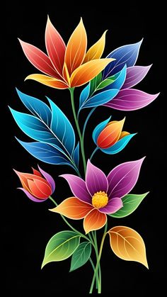 colorful flowers with leaves on a black background