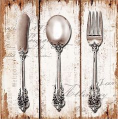 three forks, two spoons and one knife on a wooden background with an old - fashioned design