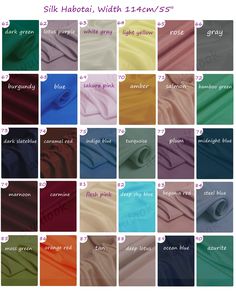 100% Mulberry Silk Habotai, 8 momme by the yard, half a meter, meter, or moreComposition: 100% Mulberry SilkWidth: 114 CM/ 45 InchesColors: Total 90 Colors, this listing is for color 61#-90#For other colors, please check here,Color 1#-30#: https://www.awulook.com/products/silk-habotai-fabric-8momme-width-114cm-color-1-30 Color 31-60#: https://www.awulook.com/products/silk-habotai-fabric-8momme-width-114cm-color-31-60Habotai or Habutai silk is one of the most basic plain weaves. Silk habotai is o Fabric Color Palette, Silk Bra, Festival Skirts, Sleep Accessories, Needle Felting Projects, Silk Accessories, Twilly, Silk Charmeuse, Mulberry Silk