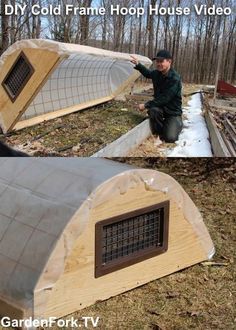 a man kneeling down next to a wooden structure with a grid on it's side