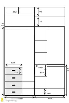 a diagram showing the size and width of an open space with drawers, cabinets, and cupboards