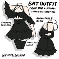 a drawing of a woman in a black dress with the words batouti crop top and high - waisted shorts