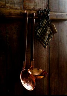 three copper spoons hanging from hooks on a wooden wall