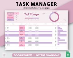 the task manager for google sheets is shown in pink and white with text that reads task manager