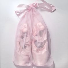 two ballet shoes in a pink organ bag