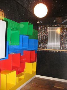 a room that has some colorful boxes on the wall