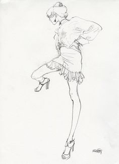 a black and white drawing of a woman in a dress with high heeled shoes