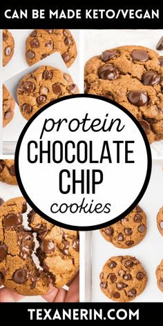 chocolate chip cookies with text that reads can be made ketovegan protein chocolate chip cookies