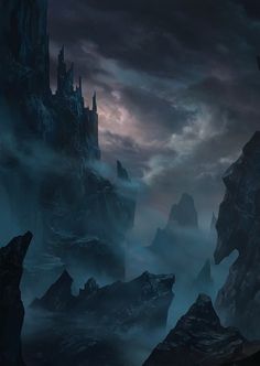 an image of a dark fantasy scene with fog and rocks in the foreground at night