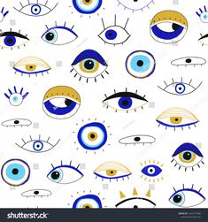 an eye pattern with blue and yellow colors on the eyes, as well as white background