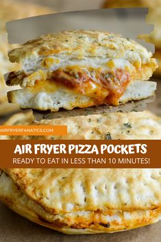 two different types of pizzas with the words air fryer pizza pockets ready to eat in less than 10 minutes