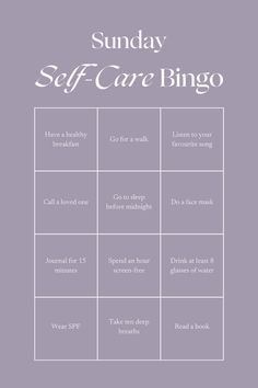 sunday routine, self-care, bingo, self-love, wellness Sunday Routine, Before Midnight, Screen Free, Go To Sleep, Listening To You, Bingo, Self Care, Self Love