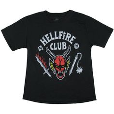 Get ready to unleash your inner Dungeon Master with this Stranger Things Hawkins High School Hellfire Club Logo T-Shirt. Channel the vibe of the Hellfire Club, the legendary D&D group from the hit series, with this tee featuring the bold, distinctive Hellfire Club logo front and center. Crafted from soft, great fabric, this t-shirt offers both comfort and durability, making it great for everyday wear or special viewing parties. Whether you're a die-hard fan of Stranger Things or just love a good Halloween Cotton Tops With Logo Print, Cotton Halloween Tops With Logo Print, Hawkins High School, The Hellfire Club, Scarface Movie, Hellfire Club, Royal Blue Shorts, Viewing Party, Club Logo