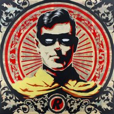 a painting of a man wearing a yellow shirt and black glasses with the letter r on it