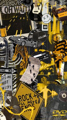 a collage of various stickers and decals on a black background with yellow accents