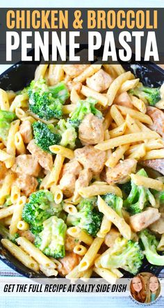 creamy chicken penne pasta with broccoli in a skillet