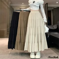 Olivia Mark - High-Waisted Patchwork Cake Dress Skirts Long Aesthetic, Long Skirt Style Fashion Ideas, Cute Long Skirt Outfits Korean, Aesthetic Clothes Skirts, Korean Long Skirt Fashion, Long Skirts Aesthetic, Korean Long Skirt, Long Skirt Ideas, Long Skirts Outfit