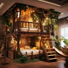 a bedroom with a tree house built into the wall and stairs leading up to it