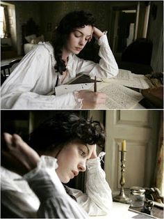 two pictures of a woman sitting at a table with a book in her hand and writing