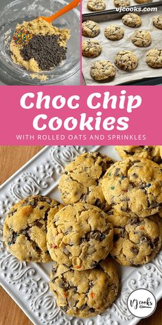 chocolate chip cookies with rolled oats and sprinkles on a white plate