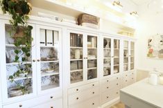 a large white cabinet with glass doors and plants on the top, in a kitchen