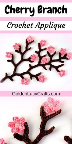 crochet cherry branch applique is shown in pink and brown