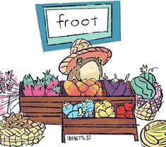 a drawing of a fruit stand with fruits and vegetables