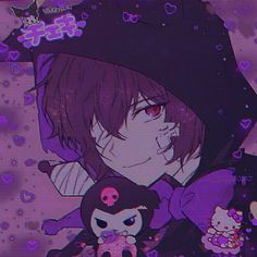 an anime character holding a stuffed animal in front of a purple background with hearts on it