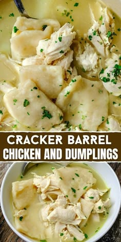 chicken and dumpling soup in a white bowl with green garnish on top