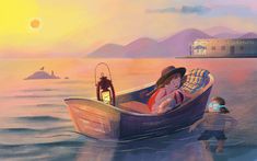 A girl is on a boat, and looking at a boy floating in the water. Summer sunset is in the background. Boat Digital Art, Fisherman Illustration, Fairy Boat, Book Boat, Kids Boat, Childrens Book Cover, Mermaid Kids