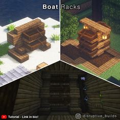 three different views of some wooden structures in the same area, and one showing how to build them