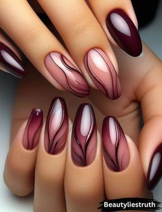 Burgundy Manicure, Nail References, Burgundy Acrylic Nails, Burgundy Nail Designs, Nail Art Idea, Amazing Nail Art, Fancy Nail Art, Wine Nails, Bridal Nail Art