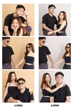 four different pictures of people posing for the camera with their hands on each other's shoulders