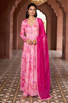 Cherry blossom pink pleated anarkali with all-over prints. Comes with lace and beaded border dupatta. - Aza Fashions Anarkali With Dupatta, Pink Anarkali, Adah Sharma, Cherry Blossom Print, Diana Penty, Blossom Print, Kareena Kapoor Khan, Luxury Sale, Kiara Advani