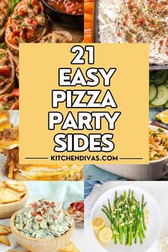 Collage of various pizza party side recipes with graphic overlay. Pizza Party Side Dishes, What To Serve With Pizza, Birthday Party Appetizers, Pizza Party Birthday