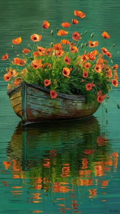 a boat filled with lots of flowers floating on top of water