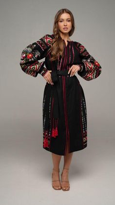 Embroidered Black Color Dress for Women. Vyshyvanka. Embroidered Boho Dress. Long Dress. Bohemian Dress. Dress with Geometric and Floral Embroidery. ------------------------------------------ This stylish dress is made from 100% linen in a classic black color, combining elegance and comfort. Linen ensures breathability and lightness, while the black hue gives the dress a timeless and versatile look. The dress features rich embroidery in satin stitch, incorporating both floral and geometric patte Black Bohemian Embroidered Dress With Geometric Pattern, Black Long Sleeve Folk Dress, Traditional Black Embroidered Dress, Traditional Black Dress With Embroidered Hem, Black Folk Dresses With Intricate Embroidery, Traditional Black Dress With Geometric Embroidery, Chic Long Dress, Embroidery Boho, Embroidered Dress Boho