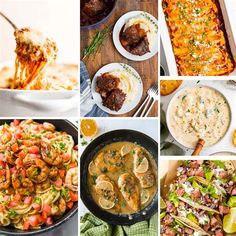 six different pictures with food in them including pasta, meat and sauces on the table