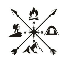 a compass and some camping related items on a white background with the words north west written below it