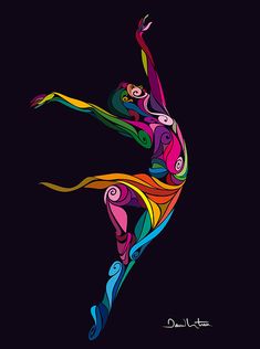 a woman is dancing in the air with colorful lines on her body and arms, as if