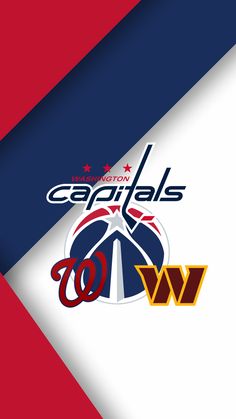 the washington capitals and washington wizards logos are shown in red, white, and blue