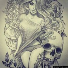 a pencil drawing of a woman holding a skull with roses around her neck and wearing a hat