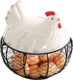 Black Metal Egg Storage Basket with White Ceramic Chicken Top Lid and Handles, Fresh Egg Container Holder - Holds up to 30 Eggs-MyGift Chicken Wire Basket, Wire Egg Basket, Ceramic Chicken, Egg Container, Metal Chicken, Chicken Decor, Egg Storage, Cute Chickens, Farm Fresh Eggs