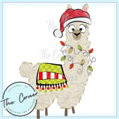 a llama wearing a santa hat and holding a christmas ornament