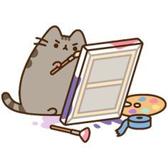 an image of a cartoon cat holding up a framed with paint splatters on it